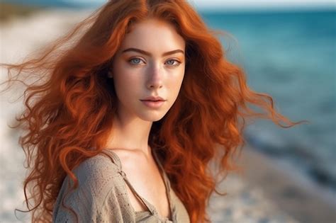 Premium Ai Image A Woman With Long Red Hair Stands On A Beach