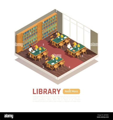 High School Library Interior And Students Reading Books 3d Isometric
