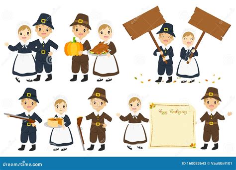 happy thanksgiving pilgrim couple vector set stock vector illustration of colorful banner