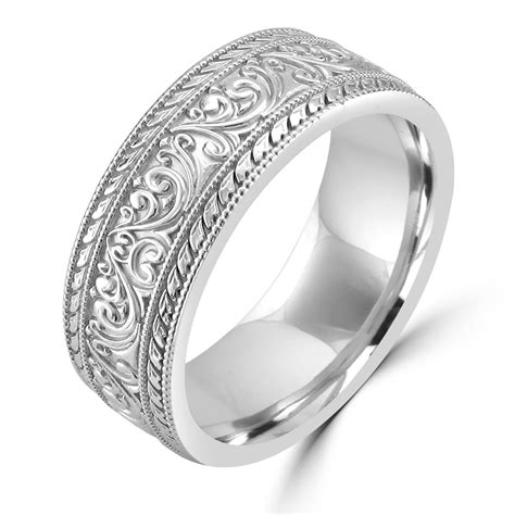 2.80ct round simulated moissanite eternity wedding band ring 14k white gold over. 14K White Gold Unique Art Nouveau Carved Wedding Band ...