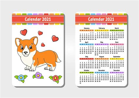 Calendar For 2021 With A Cute Character Adorable Corgi Pocket Size