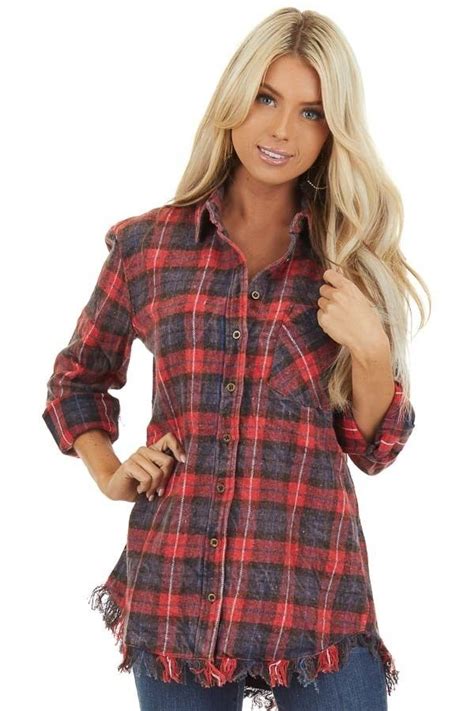 Red And Charcoal Plaid Flannel Top With Fringe Detail Front Close Up