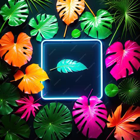Premium Ai Image Neon Tropical Leaves Monstera Palm And Palm Leaves