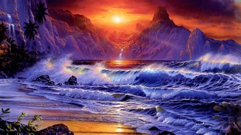 Sunset Sea Shore Sea Waves Rocky Mountains Red Sky Dark