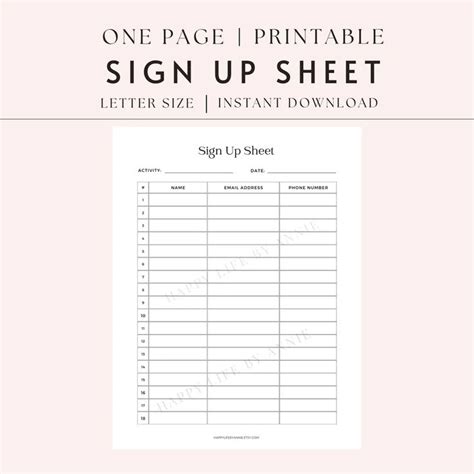 A Sign Up Sheet With The Words One Page Printable Sign Up Sheet