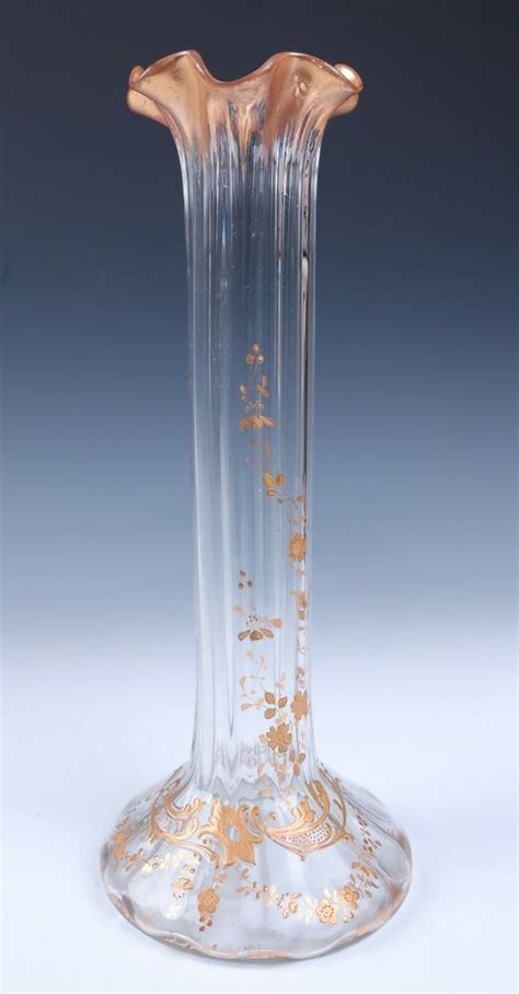 Tall Antique Moser Or Mont Joye Gold Enamel Rib Optic Glass Vase
