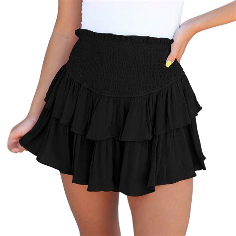 Women Solid Color Shirred High Waist Layered Ruffle Hem Flared Mini Skirt Vacation Holiday
