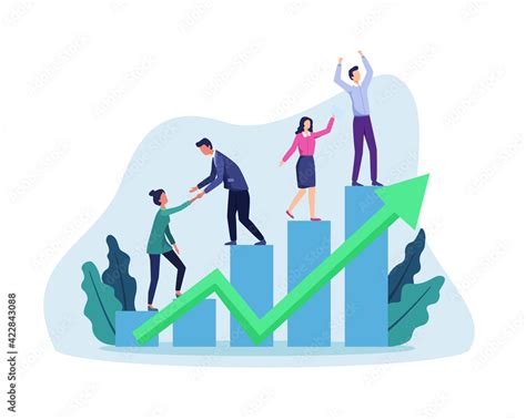 Business Growth Illustration People Walking Up Drawn Stairs To Success Stepping On Chart Bar