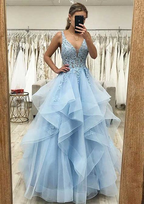 A Line V Neck Longfloor Length Tulle Satin Prom Dress With Lace Appliqued Prom Dresses