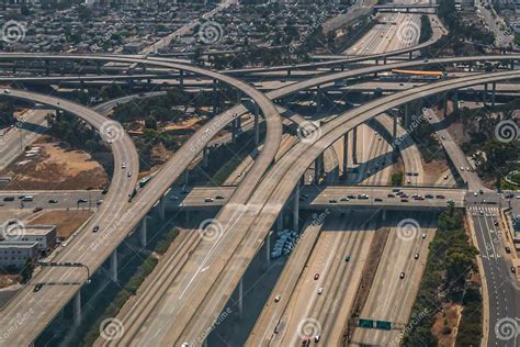 Los Angeles 110 And 105 Freeway Interchange Ramps Aerial Stock Photo