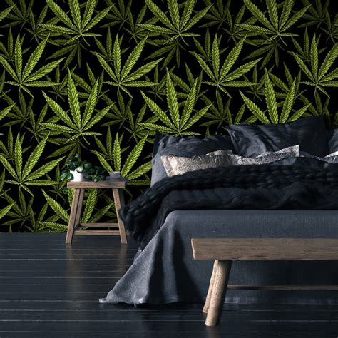 Dark Weed Leaves Wallpaper Botanical Self Adhesive Wall Etsy