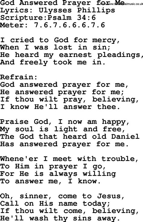 Good Old Hymns God Answered Prayer For Me Lyrics Sheetmusic Midi Mp Audio And PDF