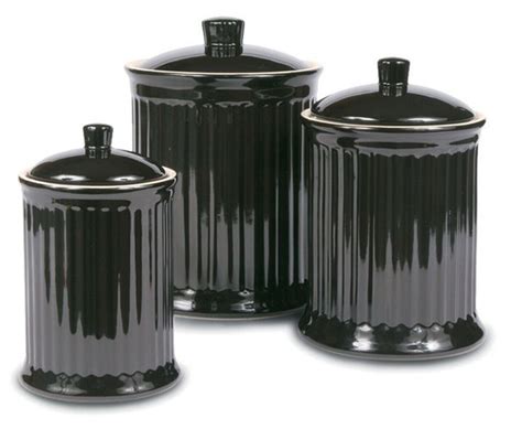 Three Black Kitchen Canisters With Lids