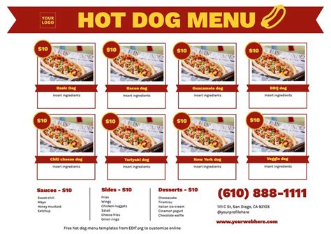 Customizable Hot Dog Menu Templates For Restaurants