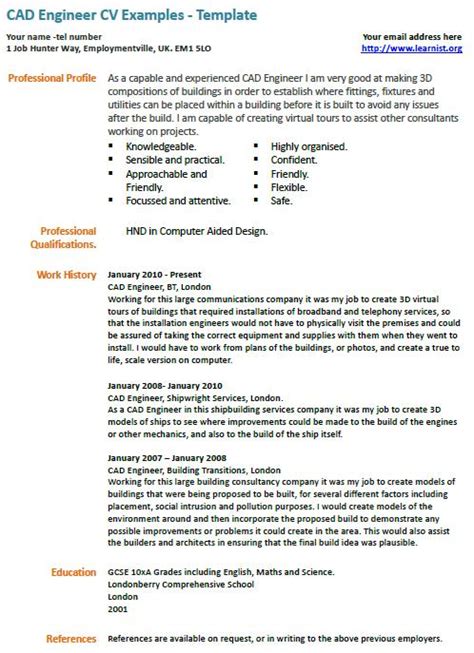 Create a winning engineer cv and land the job you want with our example engineer cv, template and writing guide. CAD Engineer CV Example - Learnist.org