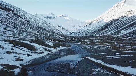 Iceland Winter Aerial View Of A Large Valley Between Mountains And A