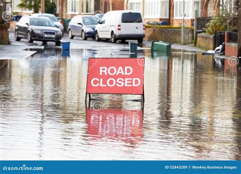 Warning Traffic Sign On Flooded Road Stock Image Image Of Horizontal