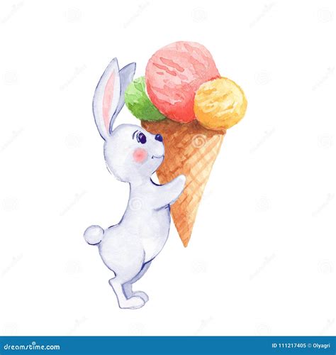 Rabbit And Ice Cream Watercolor Illustration Isolated On Whit Stock