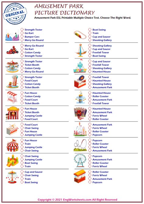 Amusement Park Esl Printable Picture Dictionary Worksheet For Kids