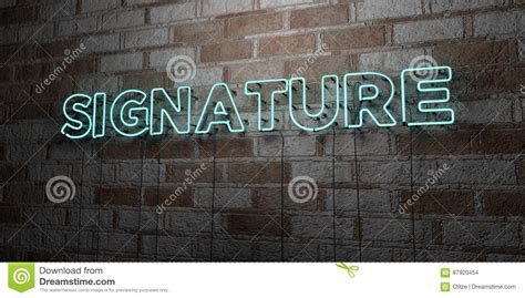 Signature Glowing Neon Sign On Stonework Wall 3d Rendered Royalty