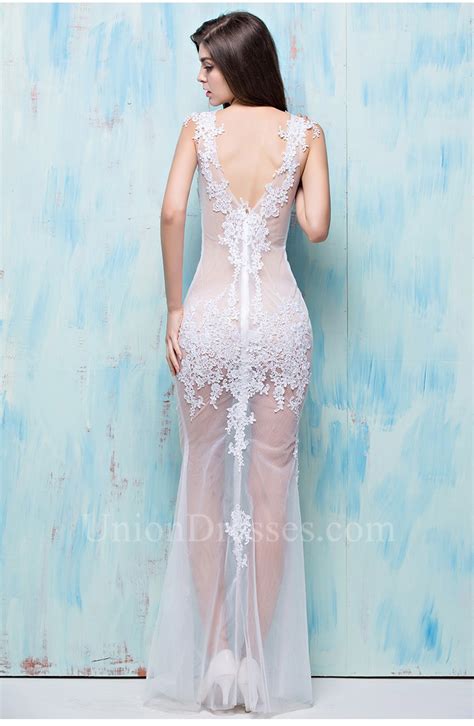 Unusual Sexy Mermaid V Neck White Tulle Lace See Through Evening Prom Dress
