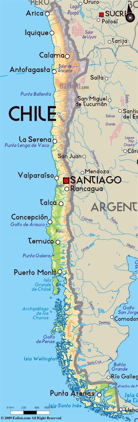 Detailed Physical Map Of Chile With Major Cities Chile South