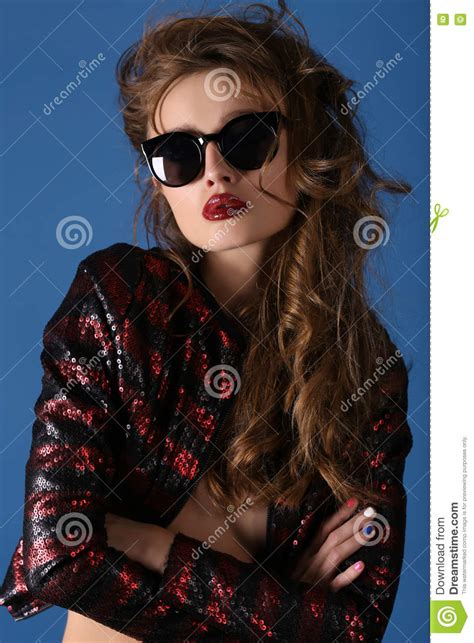 Portrait Of Stylish Brunette Female Model In Sunglasses Stock Image