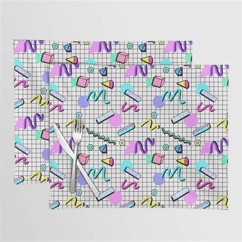 80s Retro Party Grid Design White Bg Placemat By Melisssne Society6