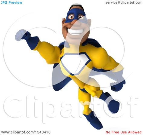 Clipart Of A 3d Flying Muscular Black Male Super Hero In A