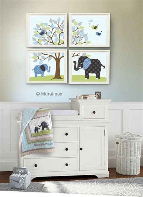 Baby Boy Room Nursery Print Baby Elephant Blue Green By Muralmax