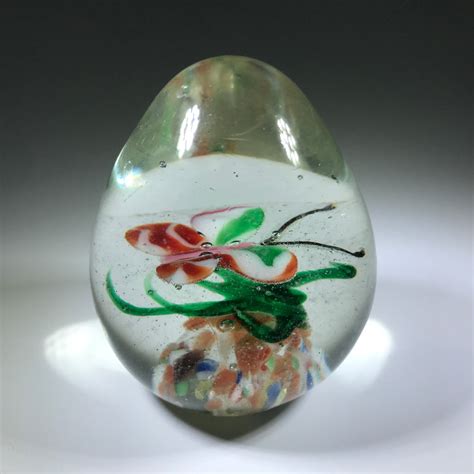 Early 20th Century Chinese Art Glass Egg Paperweight Lampwork Butterfl