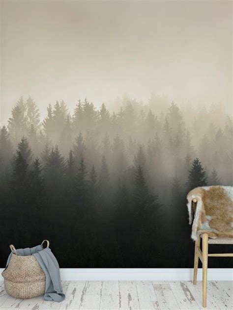 Large Misty Pine Forest Wall Mural Monotone Color Wet Etsy Forest