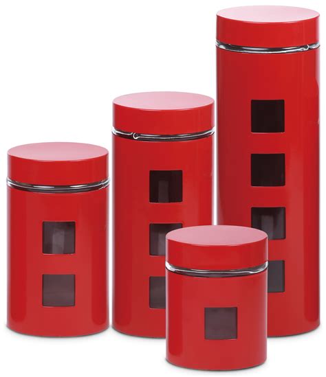 4 Piece Stainless Steel With Glass Canister Set Red