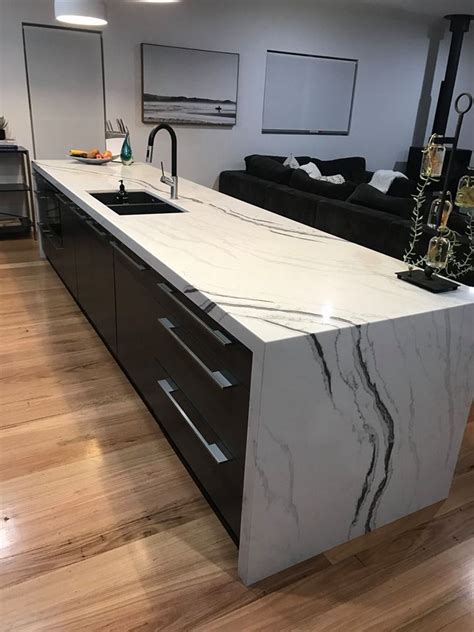 We have a stone top and no waterfall, instead we have placed a wine rack at one end and shelves at the our island bench is 4000mm x 900mm. Central Coast Kitchens - Island Bench top with matching ...