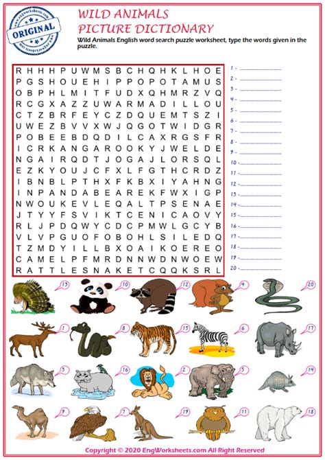 Wild Animals Printable English Esl Vocabulary Worksheets Engworksheets