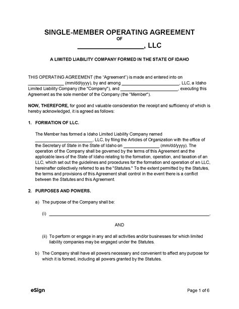 Free Idaho Single Member Llc Operating Agreement Form Pdf Word
