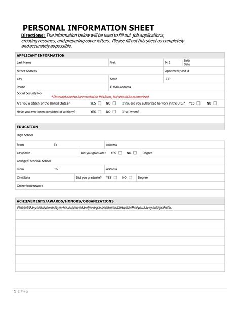 Printable Personal Info Personal Information Form Printable Forms