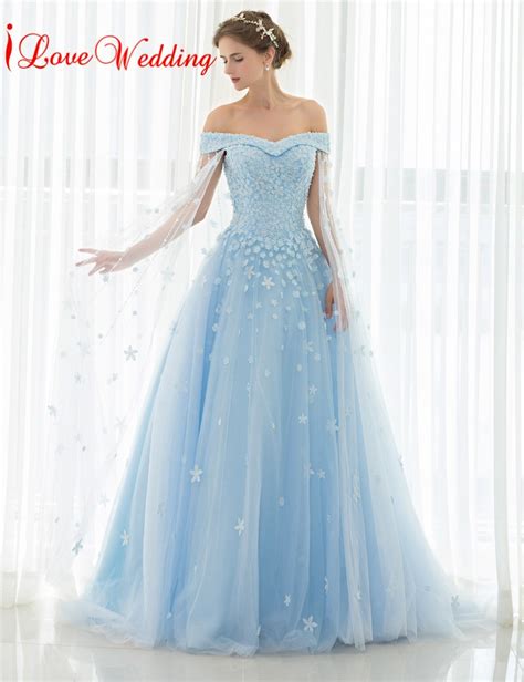2017 Light Blue Wedding Dresses Off The Shoulder Lace Tulle Applique Floor Length Long Bridal