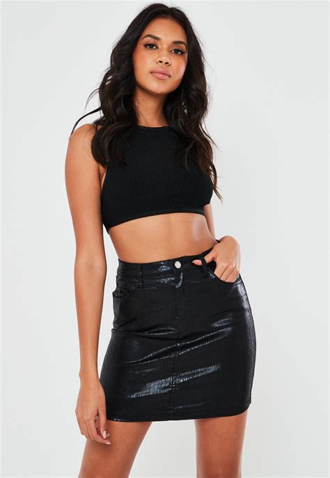 Black Coated Croc Texture Denim Mini Skirt Missguided
