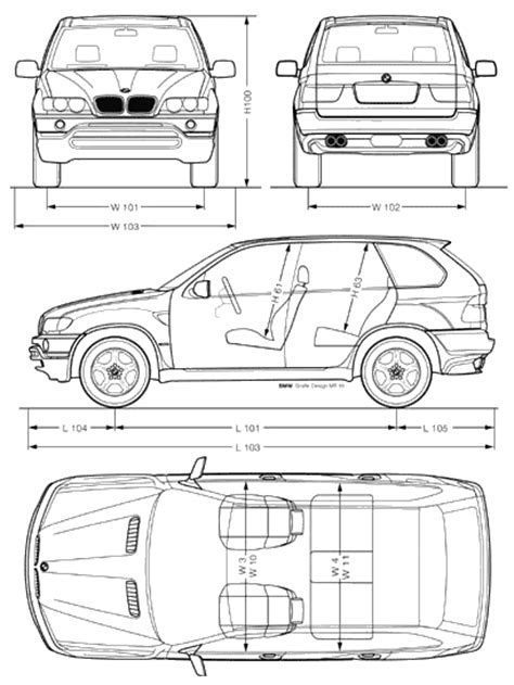 Engines and technical data of the bmw x5: 2000 BMW X5 E53 SUV blueprints free - Outlines