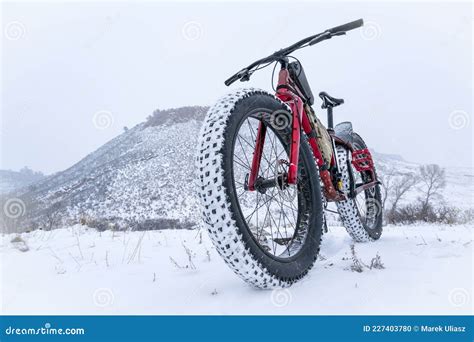 Mountain Fat Bike In A Snow Blizzard Stock Photo Image Of Foothills