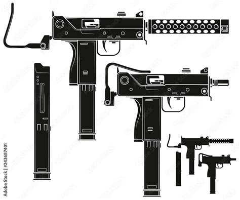 Graphic Black And White Detailed Silhouette Uzi Submachine Gun With