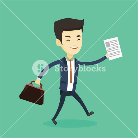 Asian Business Man With Briefcase And A Document Running Young Happy