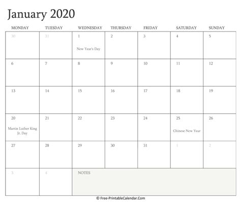 Printable January Calendar 2020 With Holidays