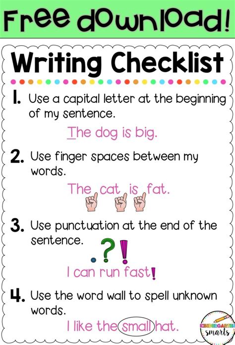 Writing Checklist Free Kindergarten Smarts