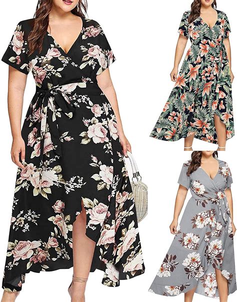 Summer Plus Size Dress For Women Wrap V Neck Sundress Floral Print Prom Dress Casual