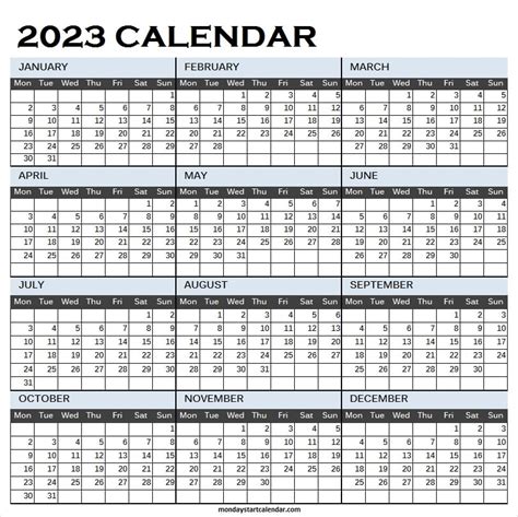Monday Start 2023 Calendar Excel One Page Calendar Printable Free