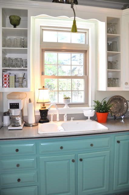 Turquoise Bottom Cabinets Open Shelving On Either Side