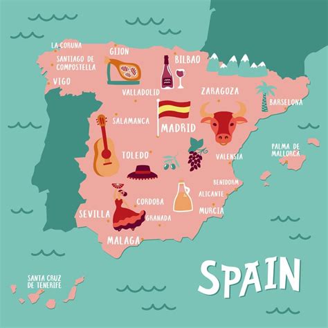 Vector Tourist Map Of Spain Travel Illustration With Spanish National