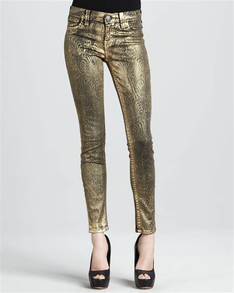 Lyst True Religion Casey Gold Foil Printed Skinny Jeans In Metallic